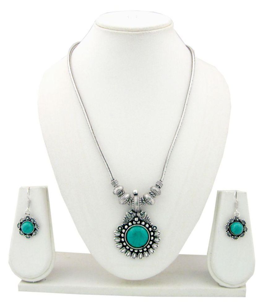 Shubh Gems Oxidised German Silver Necklace Set with Sea Green Stone ...