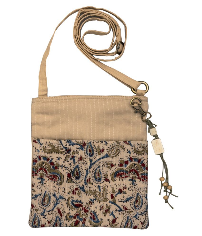 Kalamkari Beige Color Cotton Zip Sling Bag For Women: Buy ...