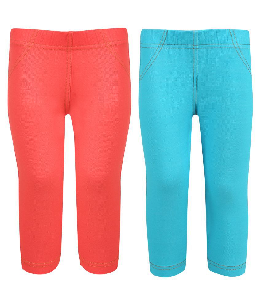     			Coral and Light Blue Capri Jegging For Girls - Pack Of 2