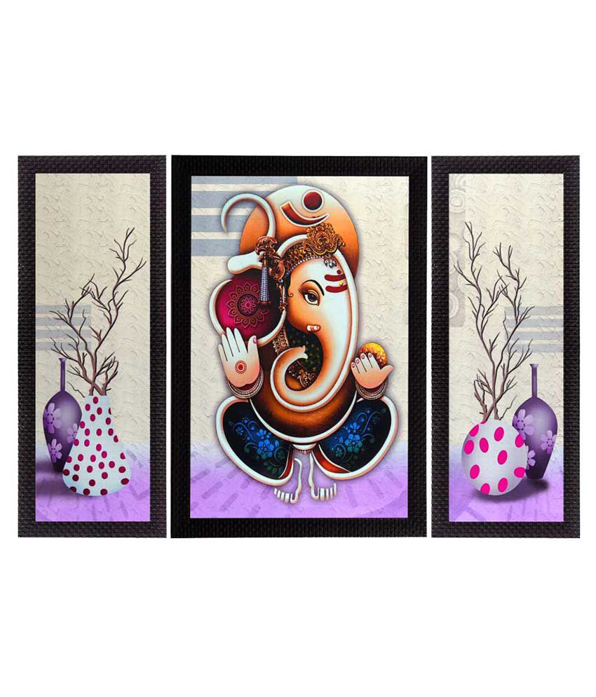     			Ecraftindia  Ganesha Satin Matt Texture UV Art  Multicolor Wood Painting With Frame Set of 3