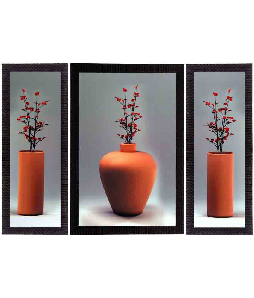     			eCraftIndia Flowers and Vase Satin Matt Texture UV Art Wood Painting With Frame Set of 3