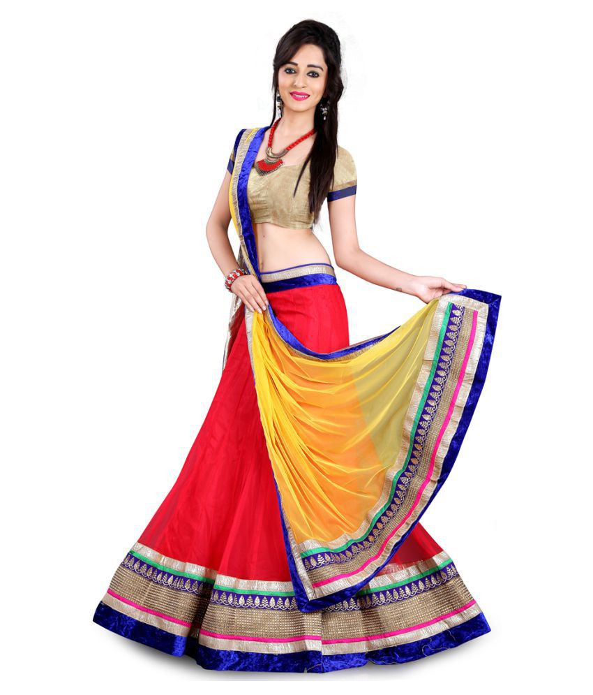 Active Feel Free Life Yellow and Red Net A-line Semi Stitched Lehenga