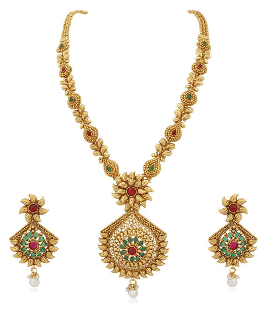 RG FASHIONS Copper Multi Color Long Haram Traditional Gold Plated Necklaces Set