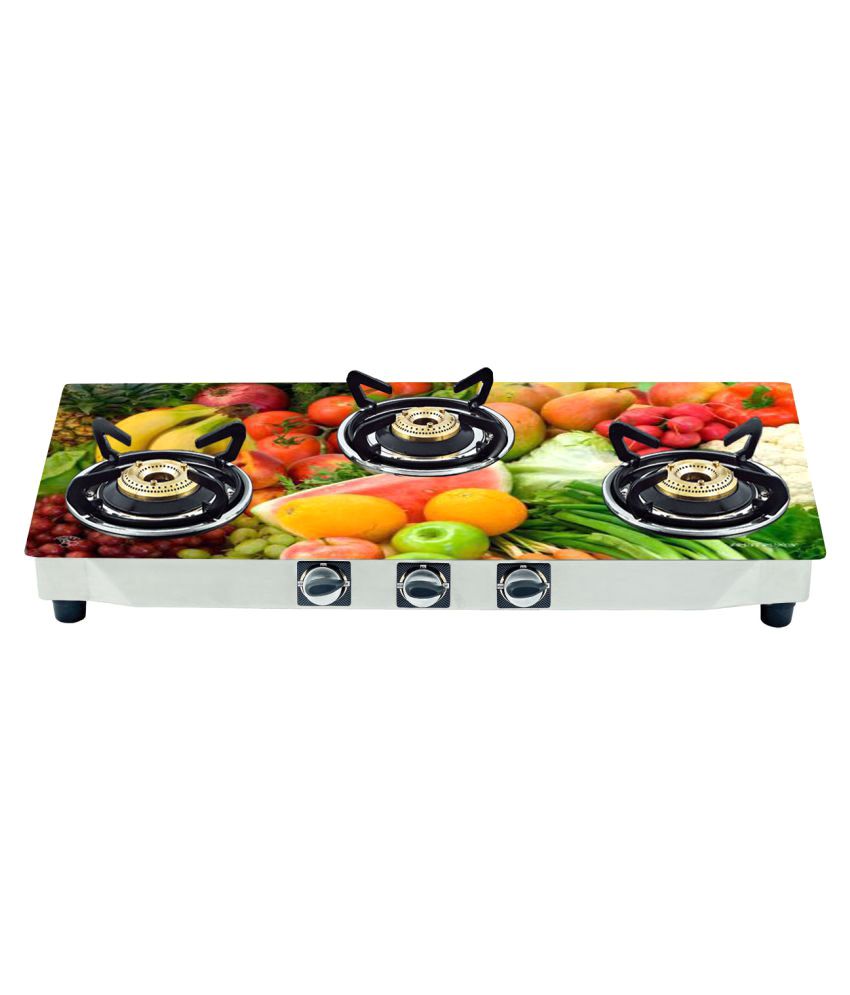 Flamingold Digital Fruit Glass Cooktop 3 Burner Manual Gas Stove