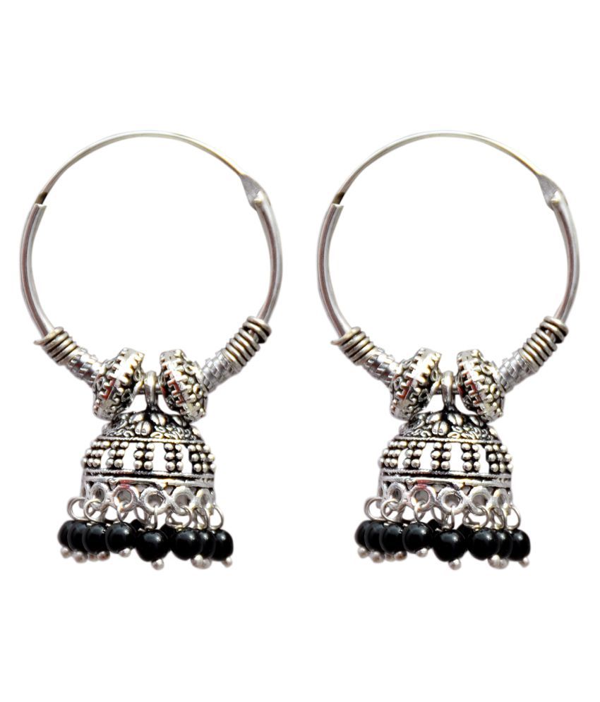 Oxidized Silver Black Pearl Hoop Ring Jhumka Earring Oxidized Silver Black Pearl Hoop Ring Jhumka Earring