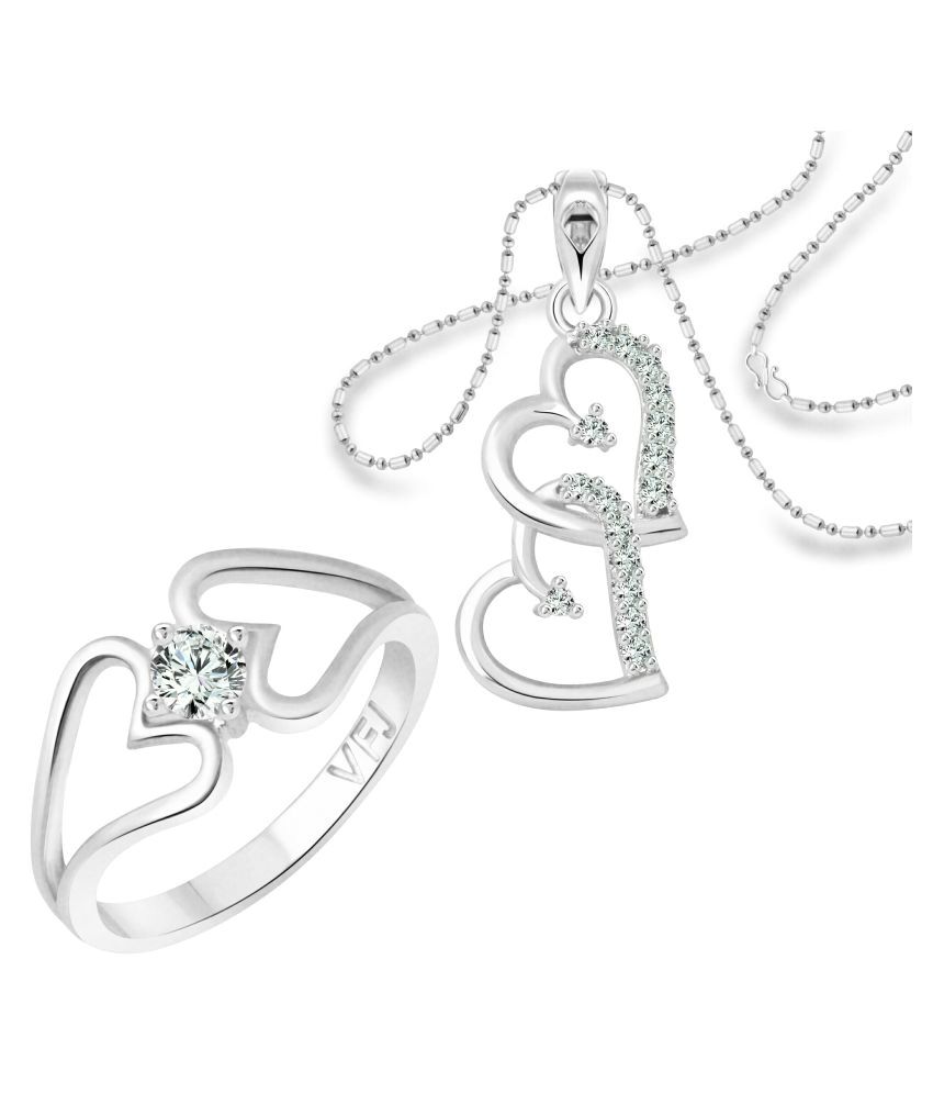     			Vighnaharta Double Heart (1224FRR-1216PR) CZ Rhodium Plated Alloy Ring with Pendant Combo set for Women and Girls