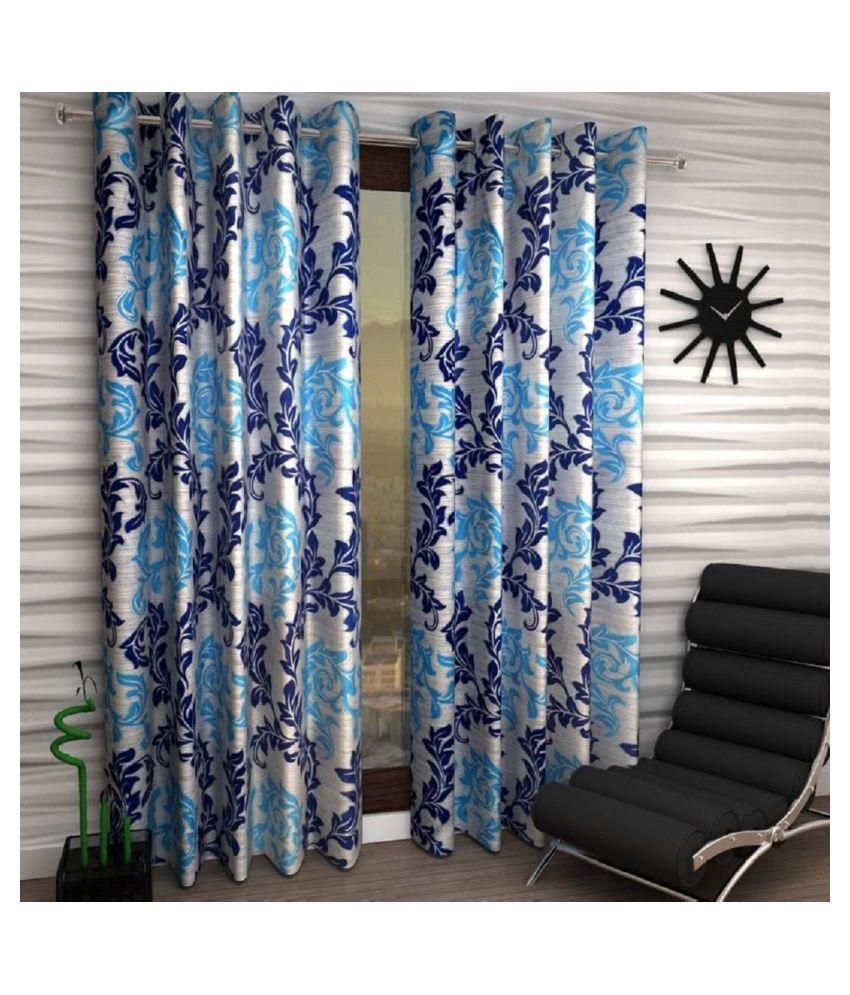     			Phyto Home Floral Semi-Transparent Eyelet Window Curtain 5 ft Pack of 2 -Blue