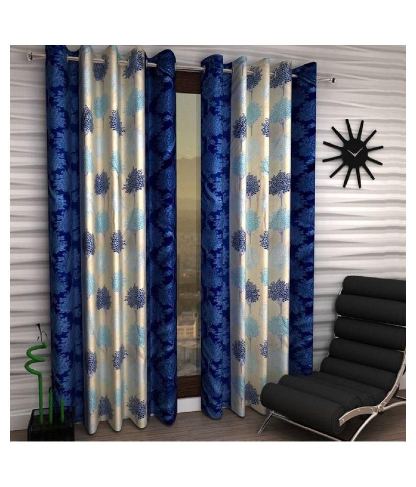     			Phyto Home Floral Semi-Transparent Eyelet Long Door Curtain 9 ft Pack of 4 -Blue