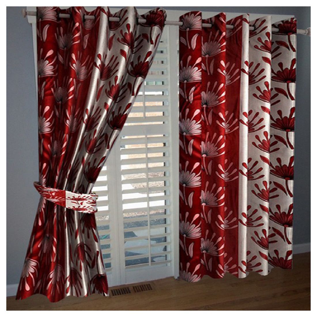     			Phyto Home Floral Semi-Transparent Eyelet Window Curtain 5 ft Pack of 2 -Red