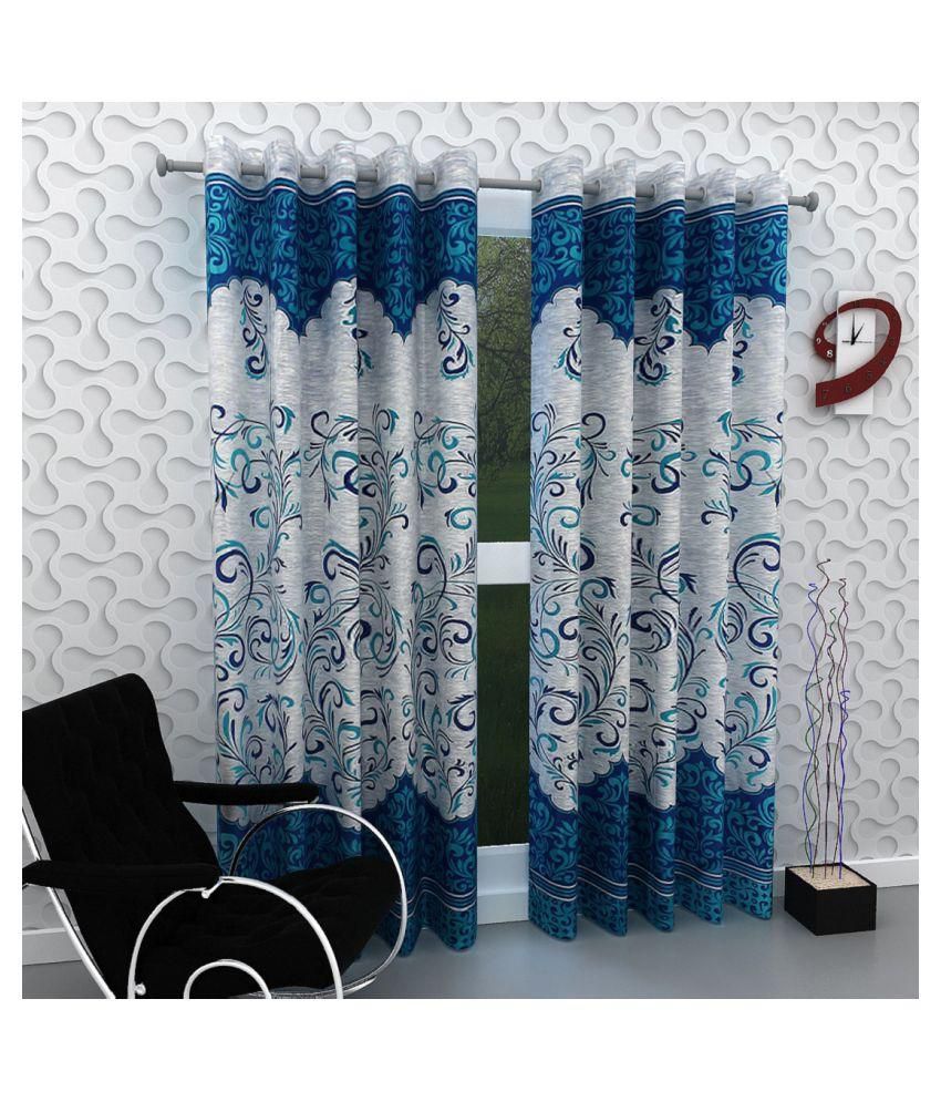     			Phyto Home Floral Semi-Transparent Eyelet Door Curtain 7 ft Pack of 4 -Blue