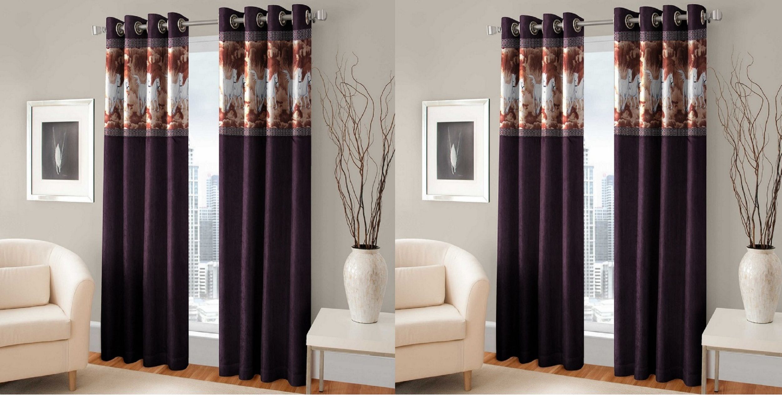 Trendz Home Furnishing Set of 4 Door Eyelet Curtains Abstract Purple