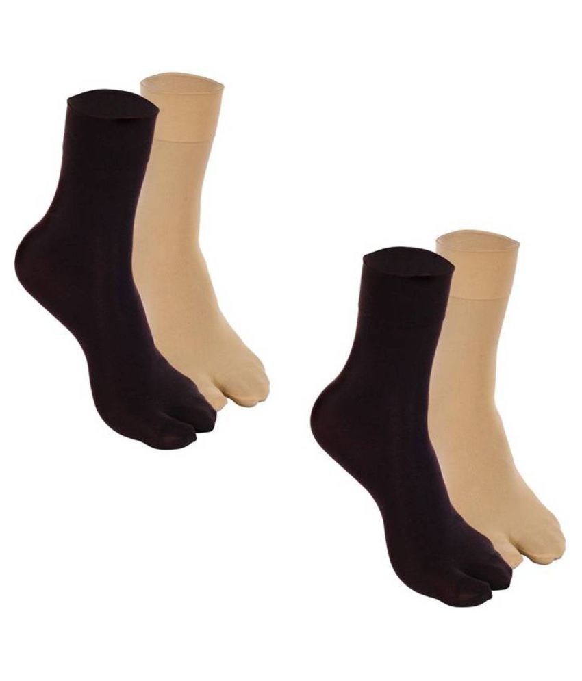     			Tahiro Beige & Black Cotton Thumb Ankle Length Socks - Pack Of 4