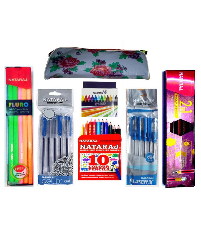     			Combo Pack of 10 Nataraj 2 for 1 Pencil + 10 Nataraj Fluro Neon Pencil + 1 Nataraj 10 Colour Pencils + 5 Nataraj Gelix Gel Pen + 5 Nataraj SuperX Ball Pen + Kolostahl 12 Jambo Wax Crayons