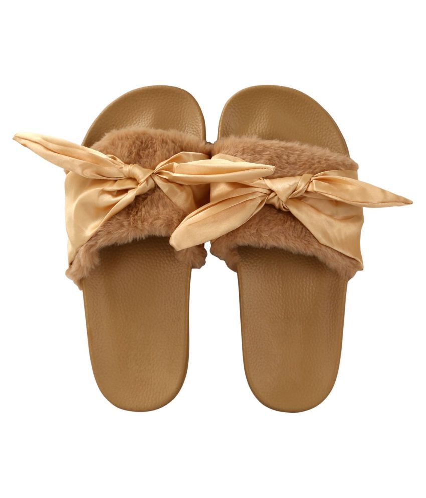 beige fur slides