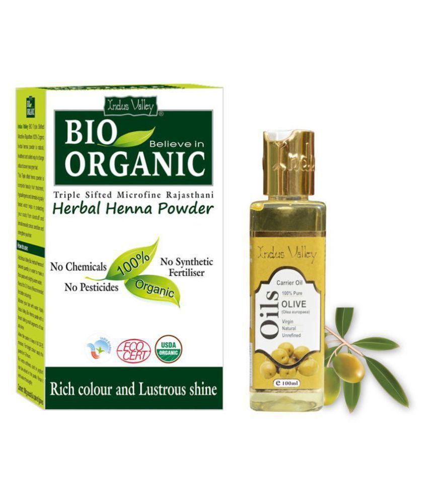     			Indus Valley Bio Organic Herbal Henna Powder with Olive Carrie oil Combo Pack
