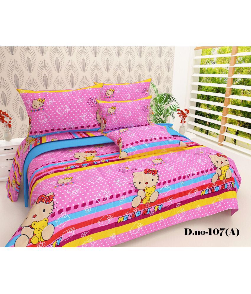 Z Decor Hello Kitty Pink Printed Double 1 Bedsheet And 2 Pillow