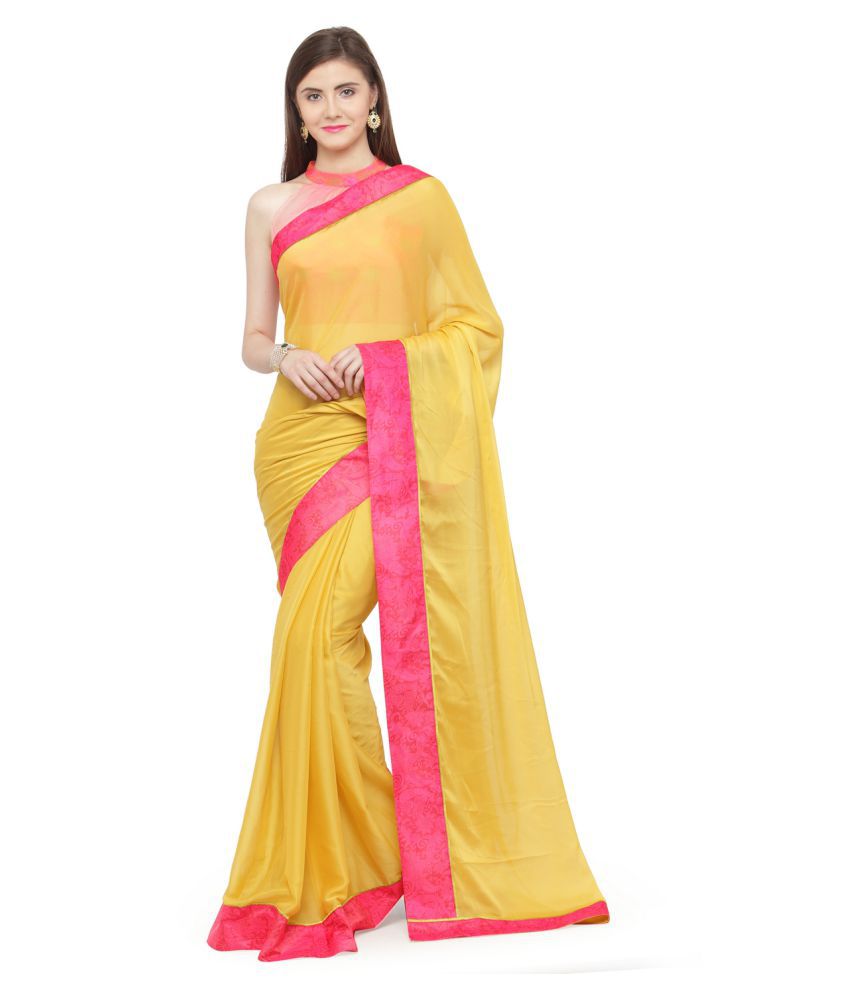     			Shaily Retails Yellow and Pink Satin Saree