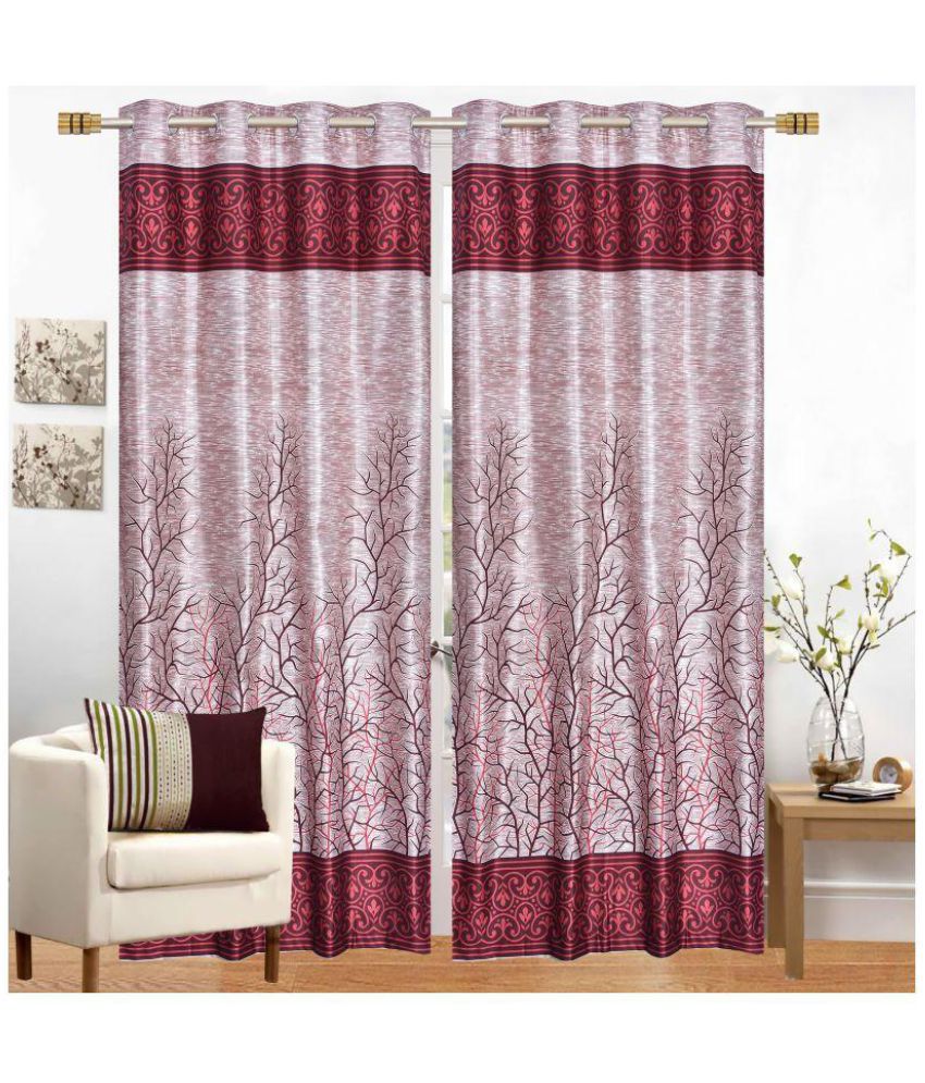    			Tanishka Fabs Floral Semi-Transparent Eyelet Door Curtain 7 ft Pack of 2 -Maroon