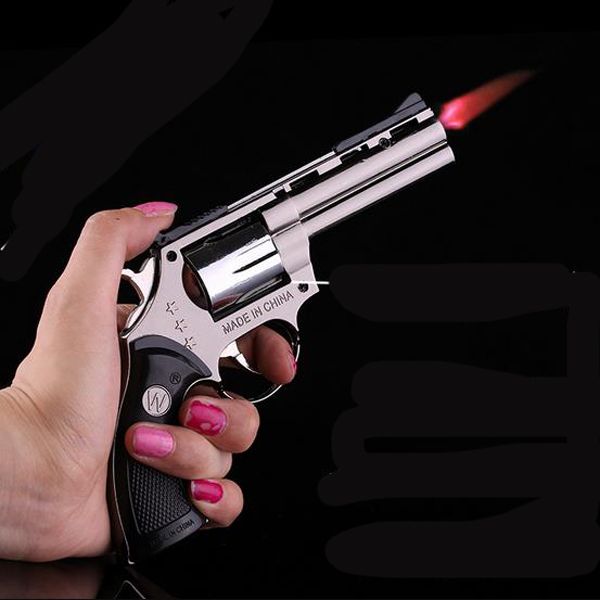 Gun Shaped Cigarette Lighter with Windproof Jet Flame Metal Body & Plastic Hand Grip Color may