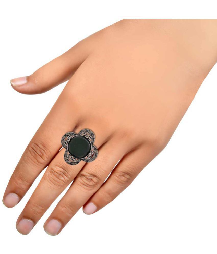 Maayra Dark Green German Silver Ring Adjustable Oxidised Party Ring 
