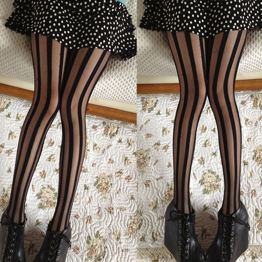 Rock Gothic Sexy Women Girl Black Stockings Vertical Stripe Tights ...