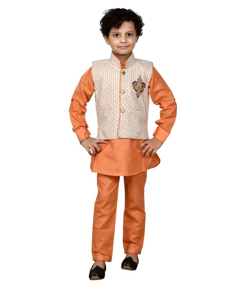 Orange Colour Boys Kurta,Pyjama&Waistcoat Set