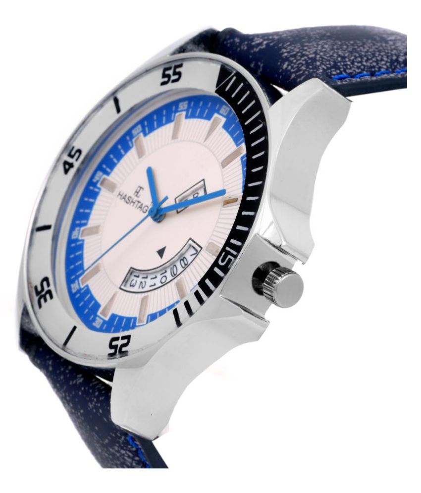 HASHTAG Day and Date Display Analogue Quartz Elegant Chrome Watch for