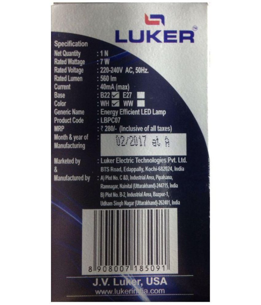 Luker 7w Led Bulb Cool Day Light Pack Of 1 Buy Luker 7w