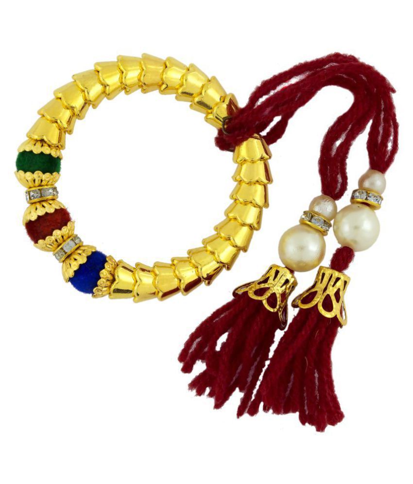     			The Jewelbox Handcrafted Maroon Thread Gold Plated Pearl Cz Stretchable Bracelet For Kids Girls Women