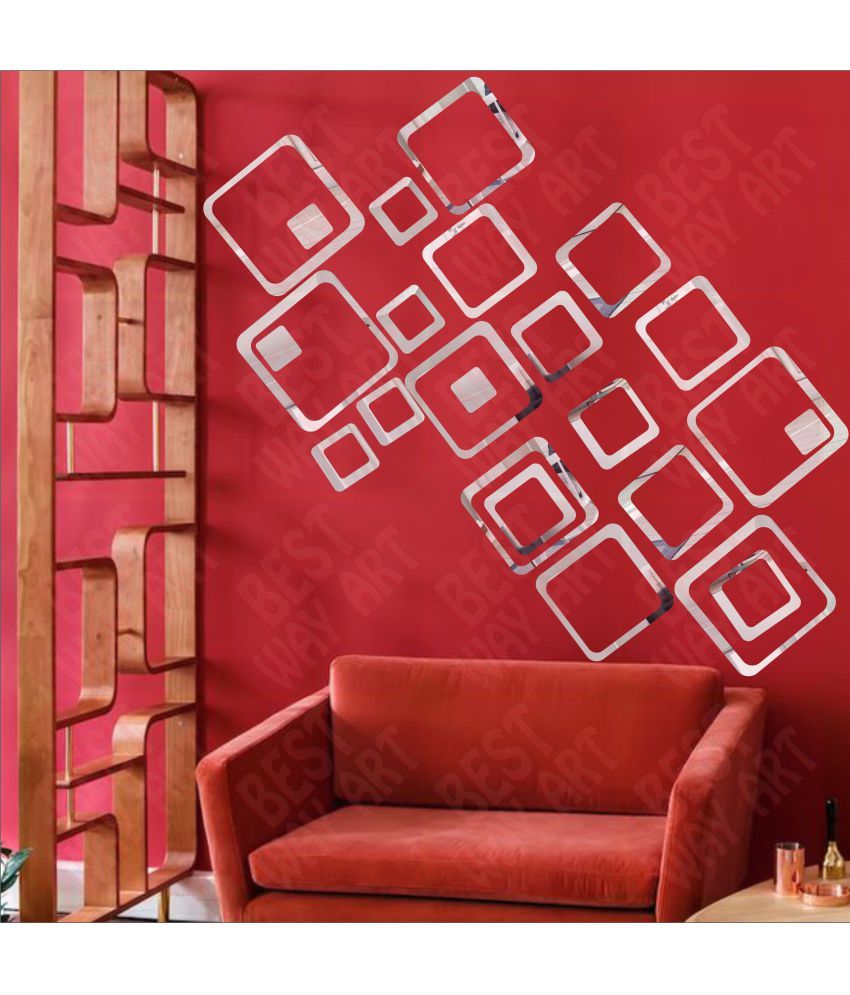 BEST DECOR 18 Square Silver 3 Acrylic Silver Wall Sticker Pack of 18