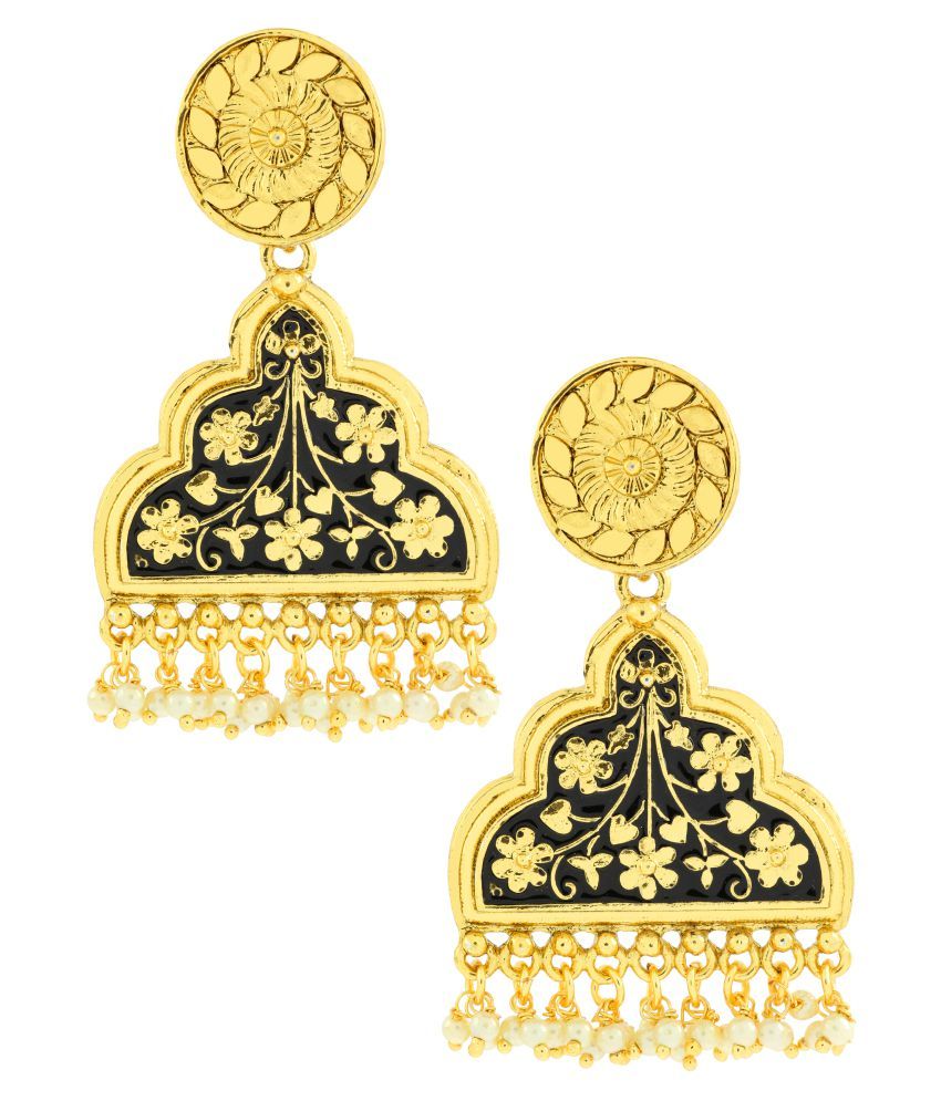     			The Jewelbox Statement Long Black Enamel Meenakari Victorian Pearl 22K Gold Plated Dangle Earring For Women