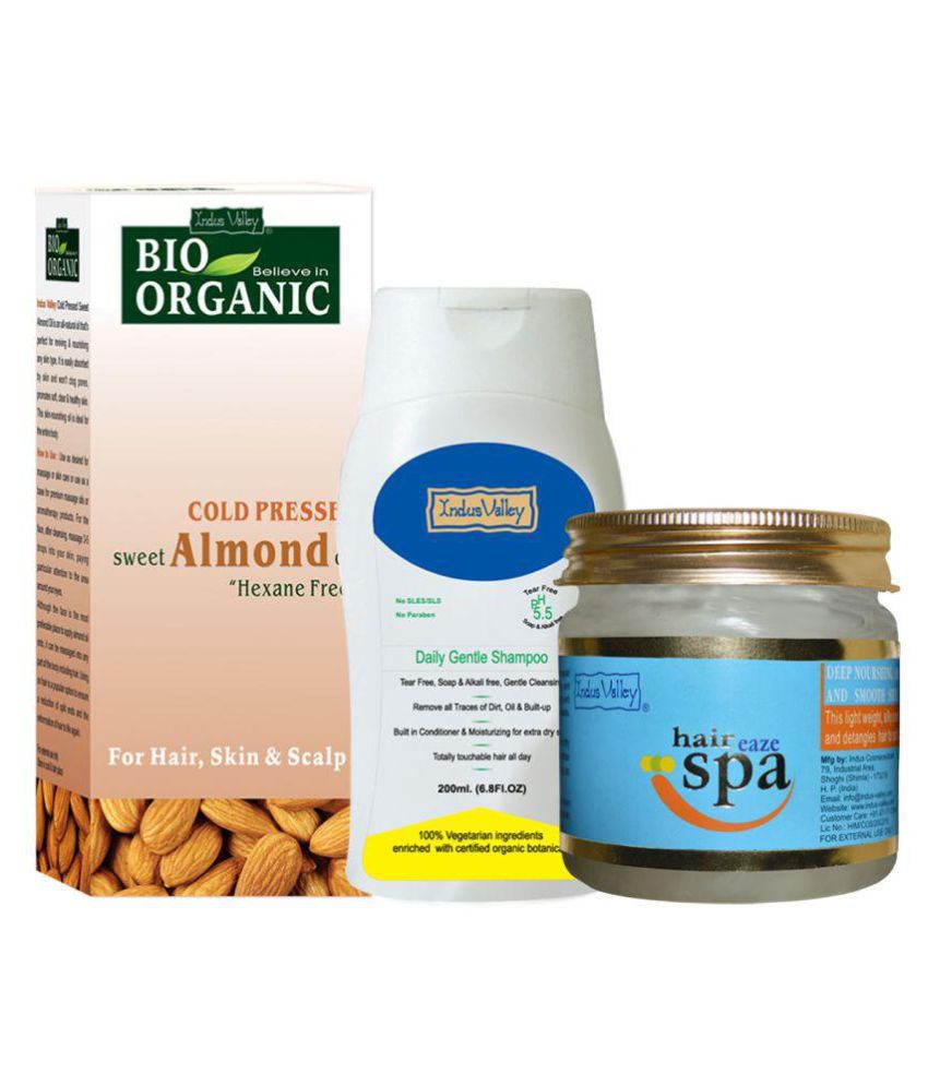     			Indus Valley Bio Organic Sweet Almond Oil + Daily Gentle Shampoo + Hair Eaze Spa For Body, Hair & Skin Care Combo Pack