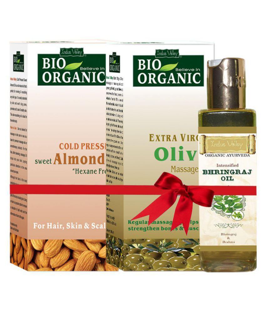     			Indus Valley Bio Organic Olive Massage Oil + Sweet Almond Oil + Bhringraj Oil For Skin, Hair & Multipurpose Benefits Combo Pack