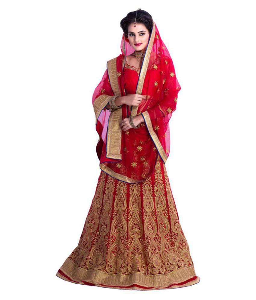     			Rudra Fashion Red and Brown Net Circular Semi Stitched Lehenga