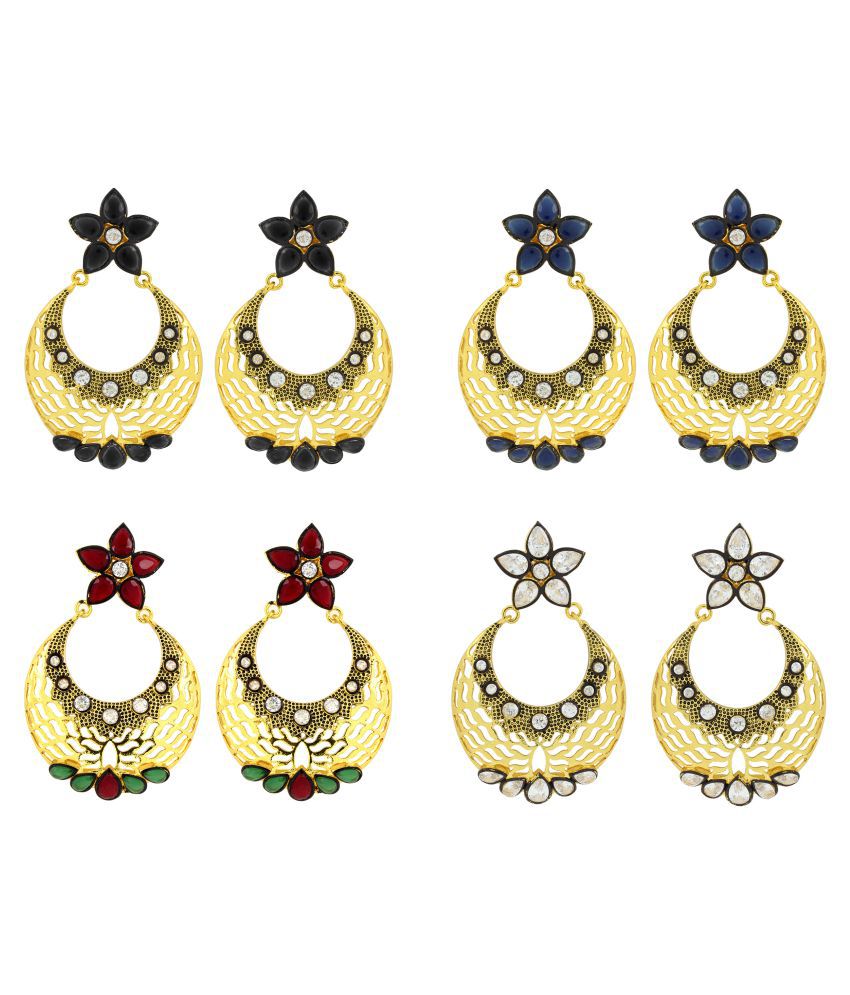     			The Jewelbox Filigree Flower Chaand Bali Multicolor American Diamond CZ Gold Plated Earring Combo For Women