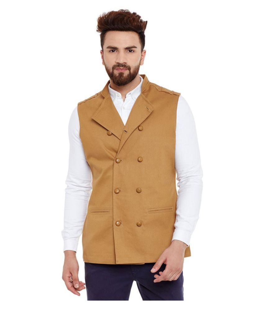 Hypernation Khaki Cotton Nehru Jacket 