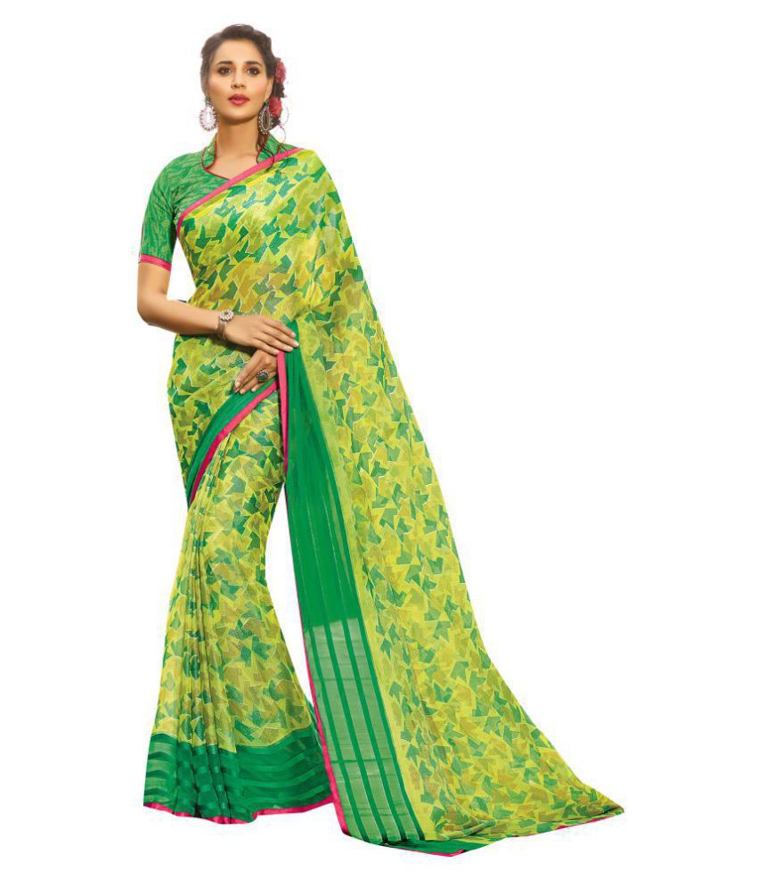     			Shaily Retails Green and Yellow Brasso Saree