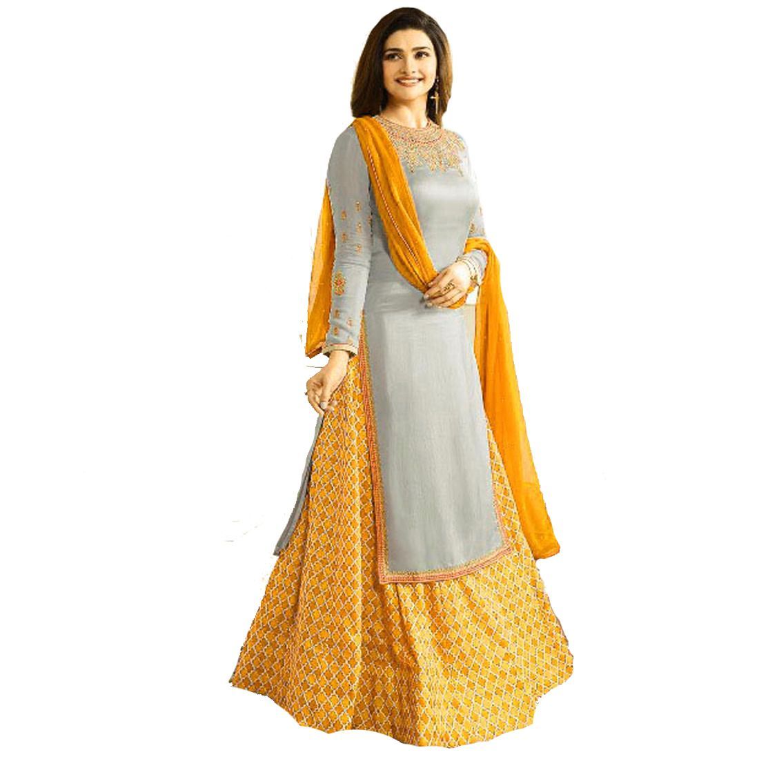 LAXMIPATI FASHION Yellow and Grey Crepe Anarkali Gown SemiStitched