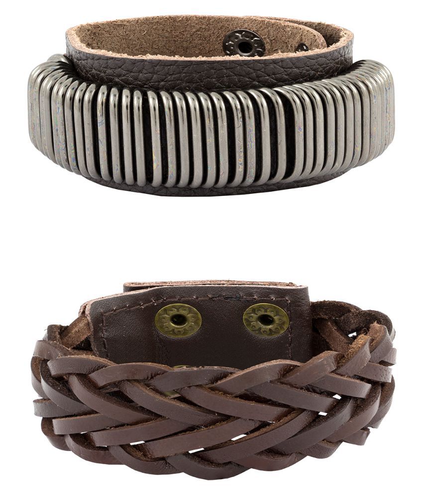     			The Jewelbox Accents Braided Design 100% Genuine Handcrafted Chocolate Brown Black Wrist Band Strap Combo Pack Of 2 Bracelet Boys Men
