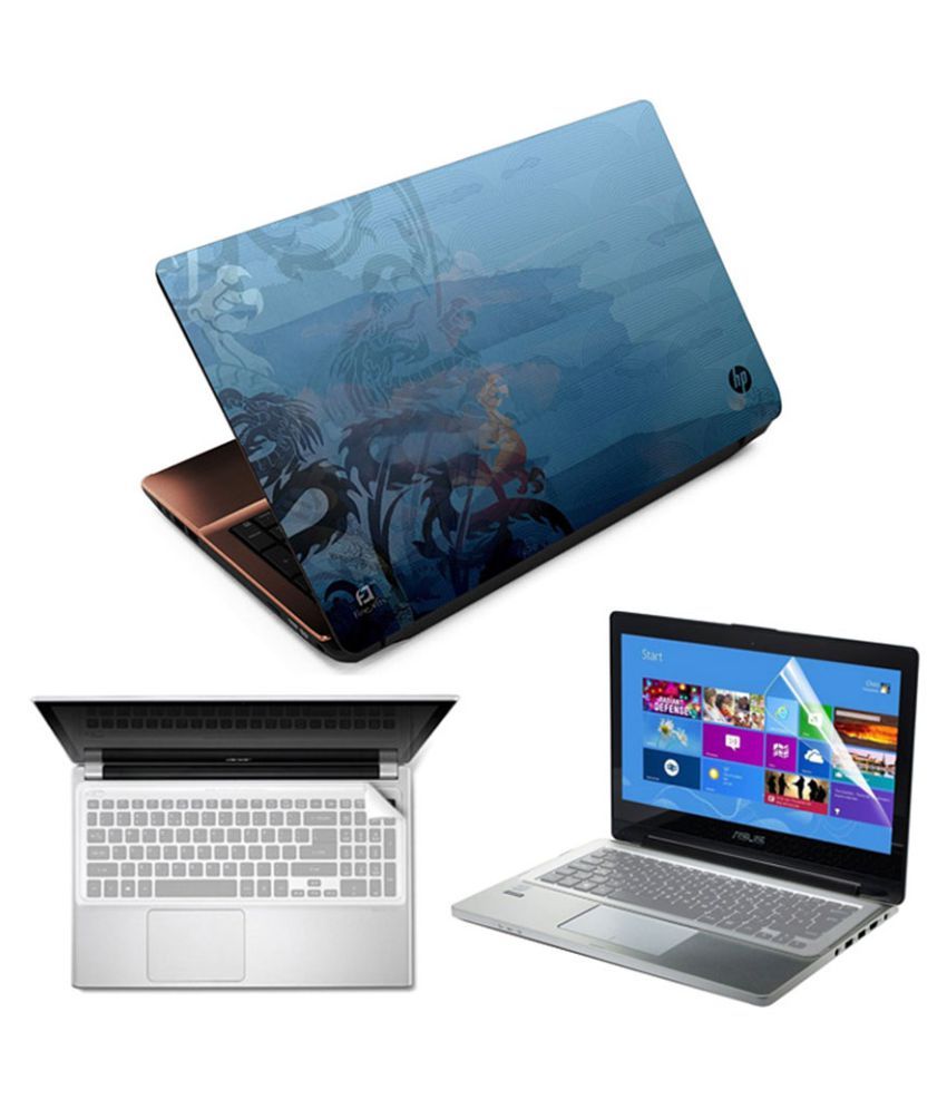 FineArts Hp Design 3 In 1 Combo of Printed Laptop Skin Pack With Screen Protector And Key Guard