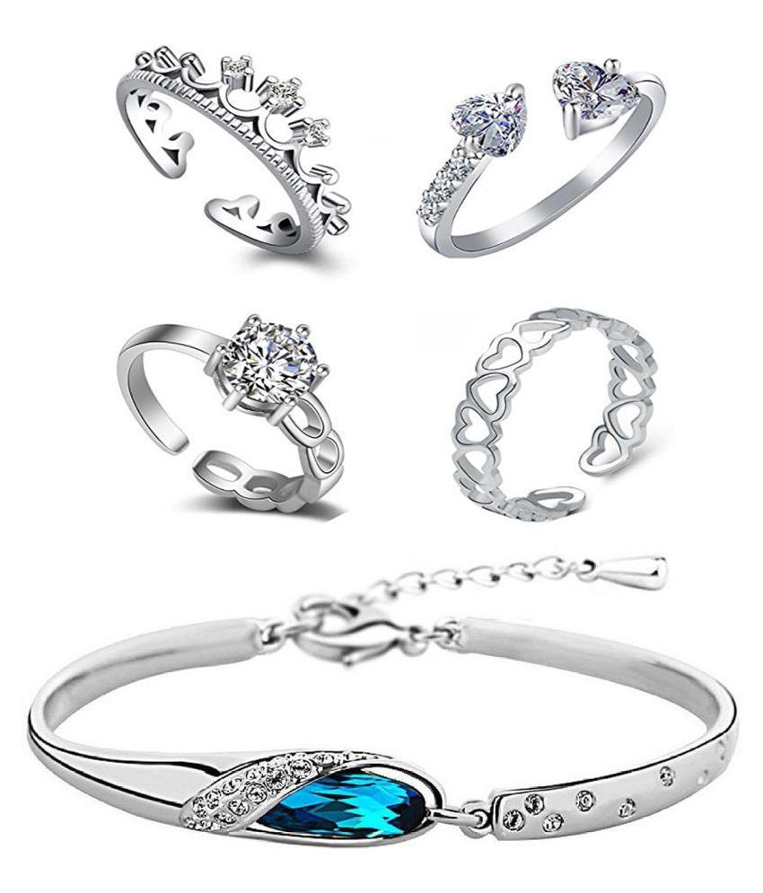 Om Jewells Immitation Jewellery Rhodium Platted Combo of 4 CZ Classy Party Wear Adjustable Rings