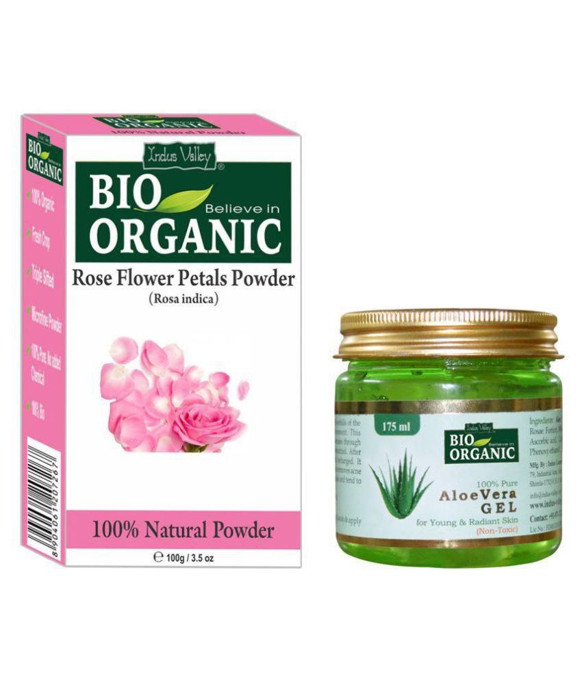 Indus Valley Bio Organic 100% Pure Rose Petals Powder and Aloe Vera Gel Combo Pack