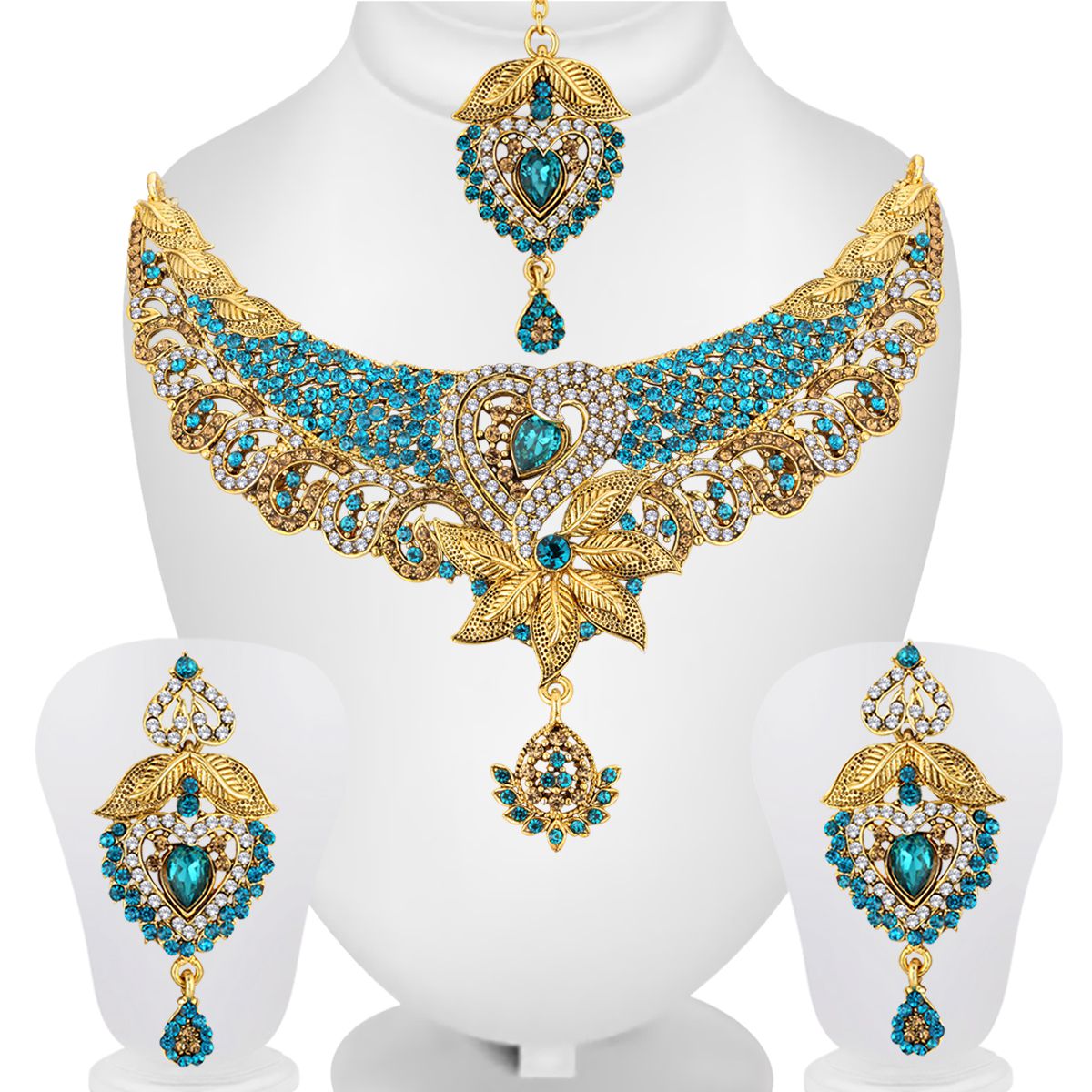     			Spargz Bollywood Gold Plated Blue AD Stone Fashion Bridal jewellery Necklace Set For Women AINS_296