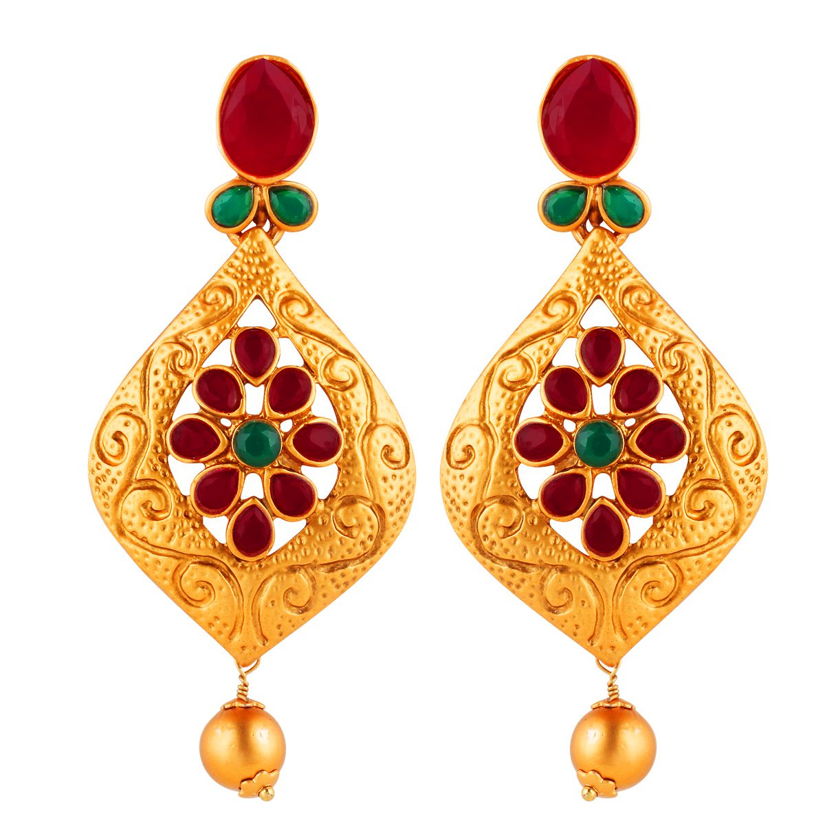     			Spargz Floral Gold Plated Ruby Emerald Matte Finish Dangle & Drop Earring Set For Women & Girls AIER 1366