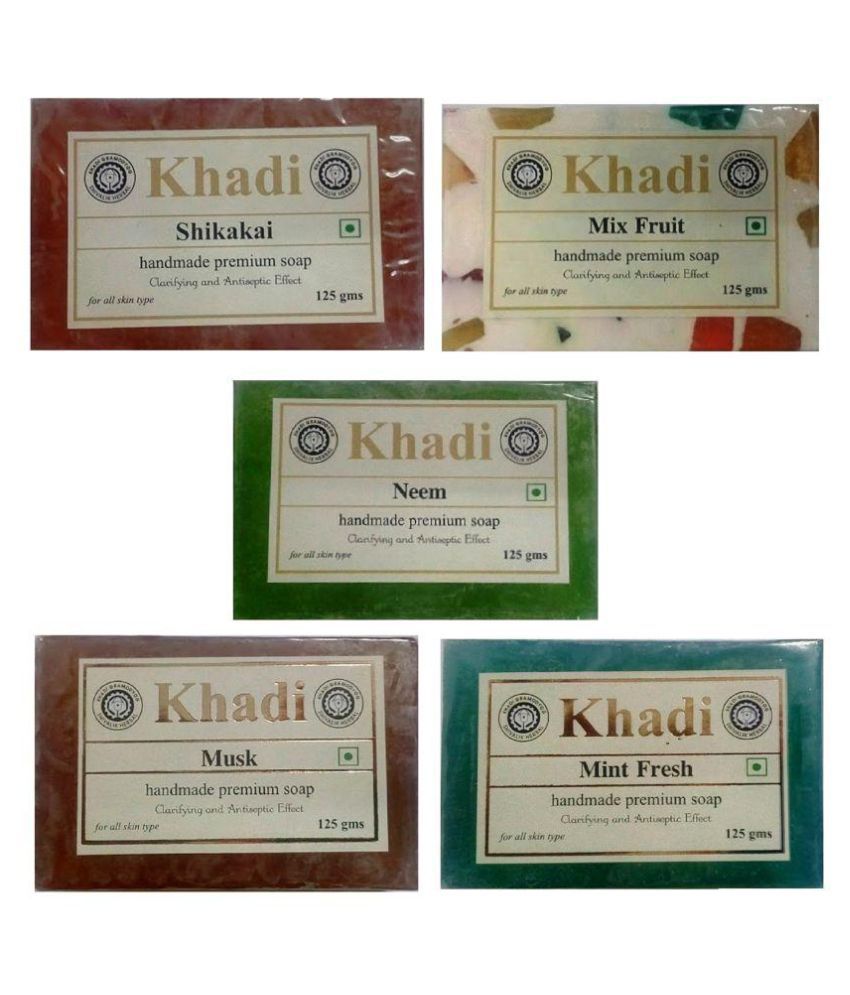     			Khadi Herbal Soap Combo: Shikakai, Mix Fruit, Neem,Musk & Mint Fresh Soap 625 gm Pack of 5