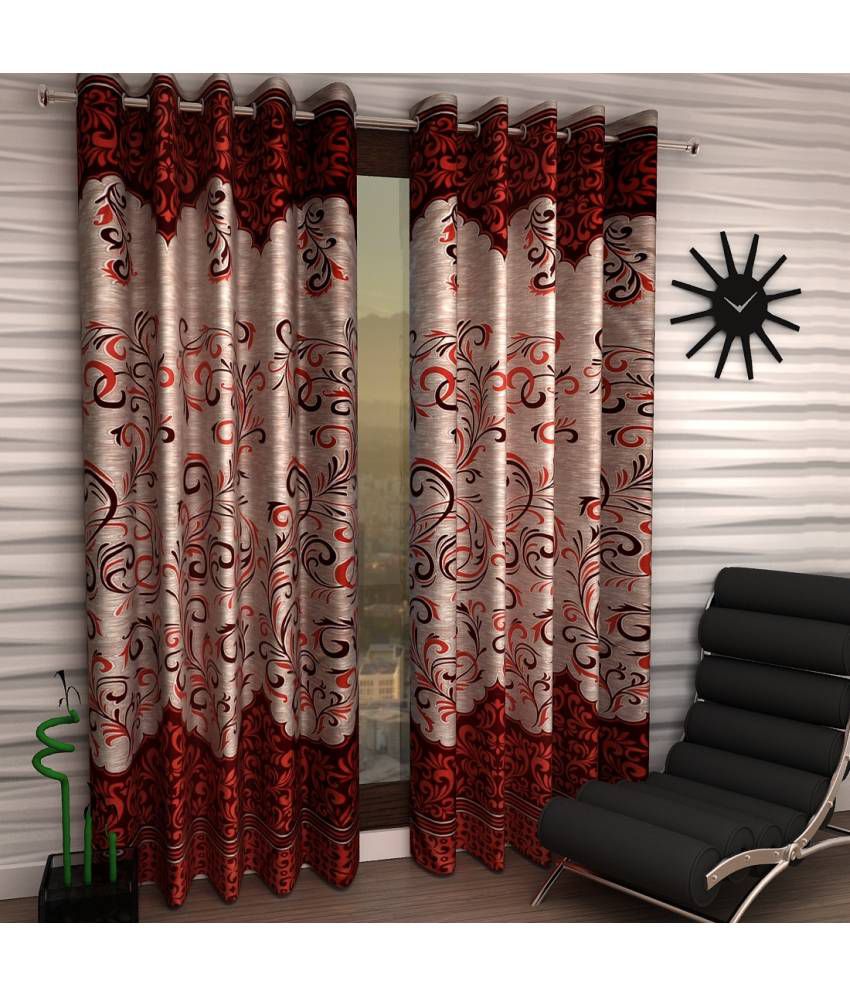     			Panipat Textile Hub Floral Semi-Transparent Eyelet Long Door Curtain 9 ft Pack of 3 -Maroon