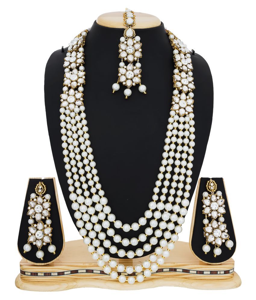 Aadita White Kundan Pearls Necklace with Maang Tikka Wedding Long Haram Bridal Jewellery Sets
