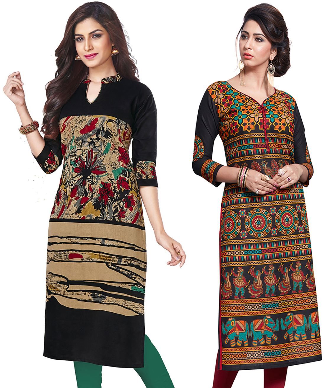     			Jevi Prints Black and Orange Cotton Printed Unstitched Kurti Pack of 2