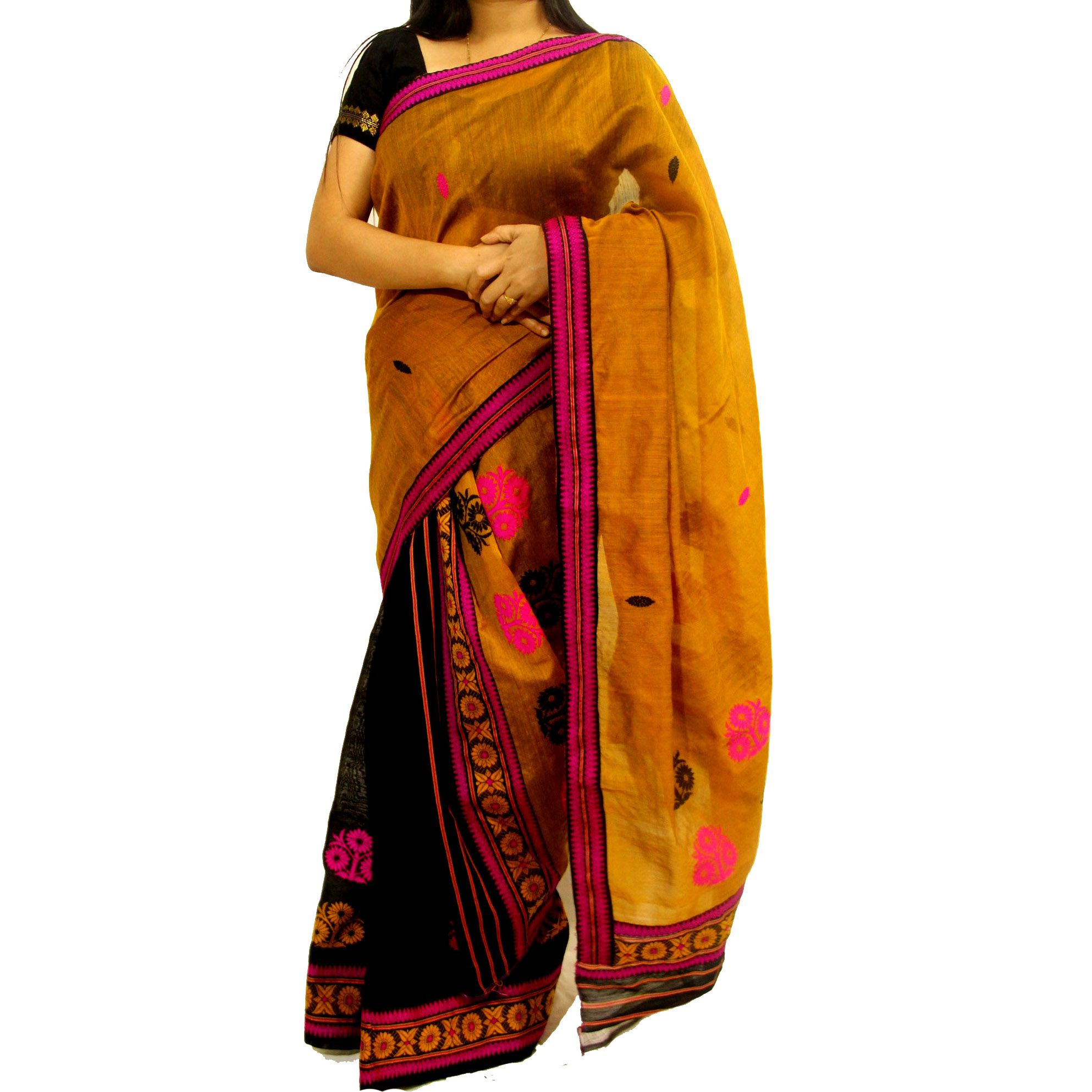 Mekhela Chador Yellow and Brown Art Silk Saree - Buy Mekhela Chador Yellow  and Brown Art Silk Saree Online at Low Price 