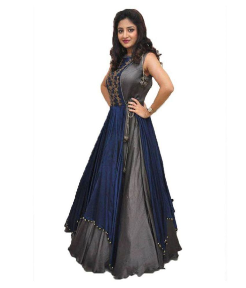 UMA Enterprises Blue and Grey Bangalore Silk Anarkali Gown Semi